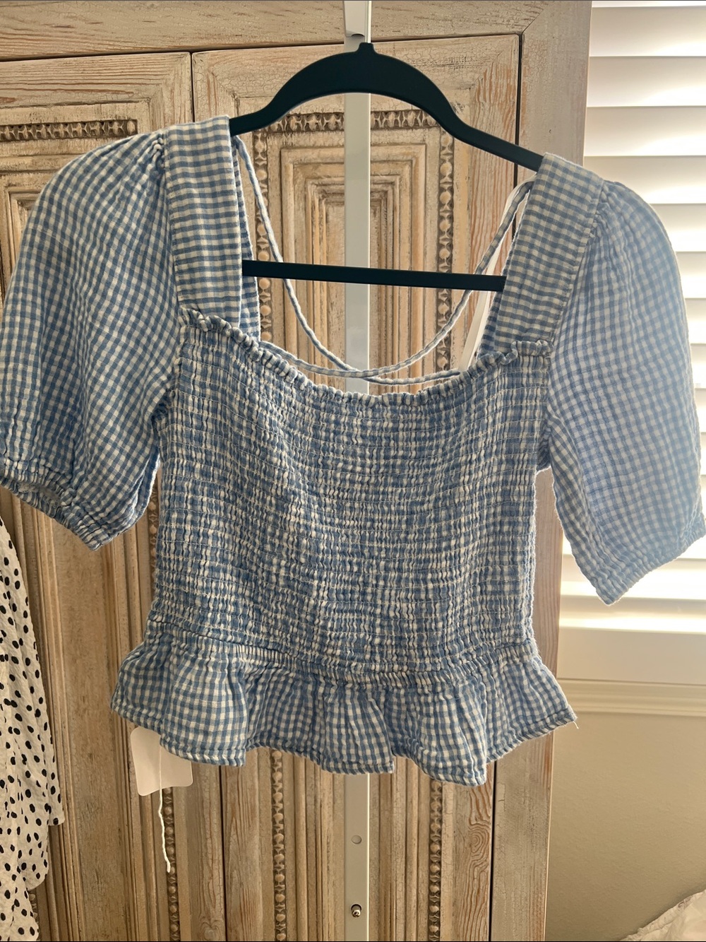 Blue Gingham Smocked Peplum Blouse